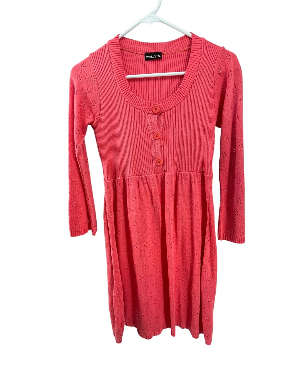 Wet Seal Pink Ribbed Long Sleeve Quarter Button Sweater Mini Dress Women's